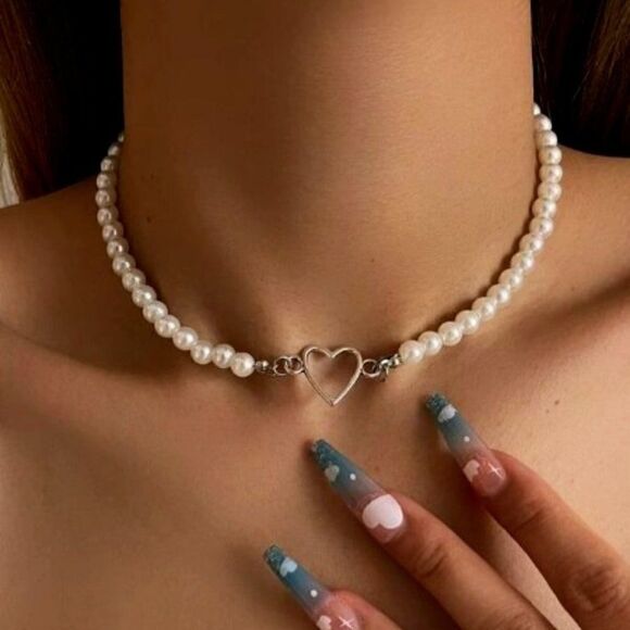 SILVER PEARL HEART CHOKER NECKLACE - Picture 1 of 12